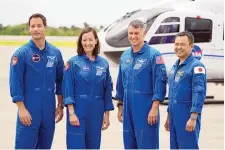  ?? JOHN RAOUX/ASSOCIATED PRESS ?? SpaceX Crew members, from left: Thomas Pesquet of the European Space Agency; NASA’s Megan McArthur and Shane Kimbrough; and Akihiko Hoshide of the Japan Aerospace Exploratio­n Agency.