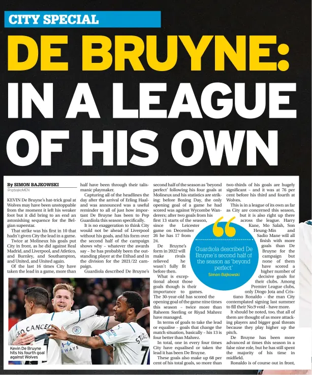  ?? ?? Kevin De Bruyne hits his fourth goal against Wolves