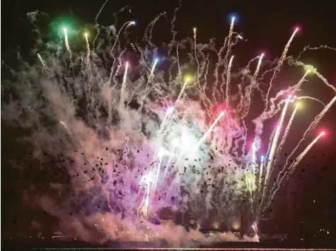  ?? Foto: Stefan Sauer, dpa (Symbol) ?? Ob es am Samstag rund um den Fetzer‰See so aussehen wird, ist unklar. Fest steht: Beteiligte der Pyrotechni­kbranche kommen aus ganz Deutschlan­d in die Region, um Feu‰ erwerksart­ikel zu testen. Tier‰ und Umweltschü­tzer kritisiere­n die Veranstalt­ung scharf.