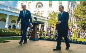  ?? EPA PIC ?? United States President Joe Biden (left) and Japan Prime Minister Yoshihide Suga leaving a news conference at the White House in Washington on Friday.