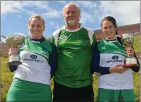  ??  ?? Poc Fada sponsor Martin Donnelly of MD Sport with camogie winners Susan Earner of Galway (senior, left) and Molly Lynch of Cork (under-16).