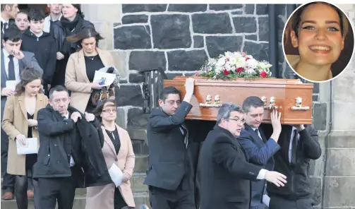  ??  ?? Family and friends carry the coffin of Naomi Lynn (inset) from Portglenon­e First Presbyteri­an Church following her funeral