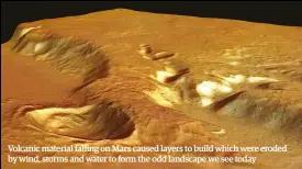  ??  ?? Volcanic material falling on Mars caused layers to build which were eroded by wind, storms and water to form the odd landscape we see today