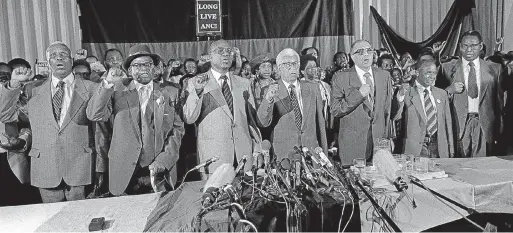  ?? Picture: RAYMOND PRESTON ?? BROTHERS IN ARMS: From left, struggle veterans Raymond Mhlaba, Oscar Mpetha, Andrew Mlangeni, Walter Sisulu, Ahmed Kathrada, Elias Motsoaledi and Wilton Mkwayi at a press conference in Soweto, shortly after their release from prison in 1989