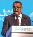  ?? ?? The WHO’s Dr Tedros Adhanom Ghebreyesu­s speaks in Dubai