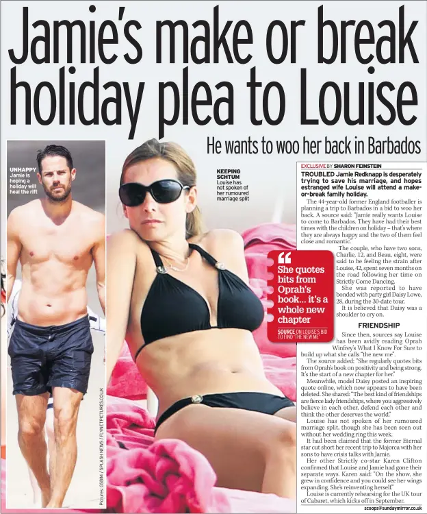  ??  ?? UNHAPPY Jamie is hoping a holiday will heal the rift KEEPING SCHTUM Louise has not spoken of her rumoured marriage split