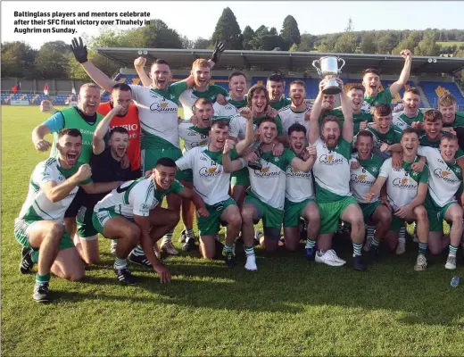  ??  ?? Baltinglas­s players and mentors celebrate after their SFC final victory over Tinahely in Aughrim on Sunday.