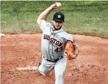  ?? Tom Szczerbows­ki / Getty Images ?? The Astros’ Lance McCullers Jr. allowed nine hits and six runs in 41⁄3 innings for the defeat. He threw 100 pitches.