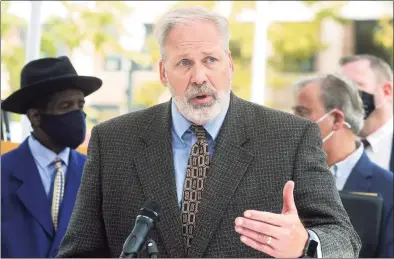  ??  ?? Scott Wilderman, president of Career Resources Inc., speaks at Tuesday’s news conference at the Morton Government Center in Bridgeport.