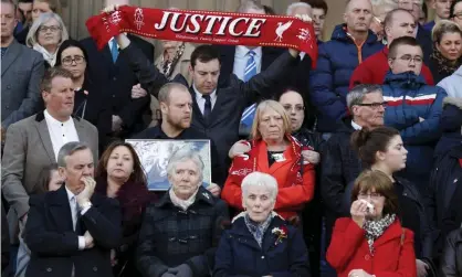  ?? Photograph: Phil Noble/Reuters ?? Families of the 96 victims during a vigil in memory of the victims of the Hillsborou­gh disaster at St Georges Hall in Liverpool in 2016