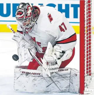  ?? ASSOCIATED PRESS FILE PHOTO ?? Carolina Hurricanes backup goaltender James Reimer, a former Maple Leaf, has not started in a home game in more than a month, but he has won three of his past five starts on the road.