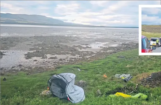  ??  ?? Discarded camping kit at Loch Fleet near Dornoch, left, and, cars parked near Arisaig block the road