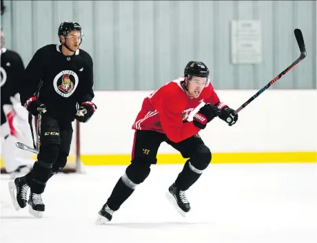  ?? SEAN KILPATRICK/THE CANADIAN PRESS ?? Mark Stone takes part in training camp drills with the Senators in Ottawa on Friday,
