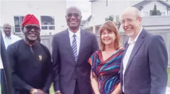  ??  ?? L-R: King Wale Adesanya (NCBN), Joseph Atodo (NHC Ottawa), Amb. Paula Cadwell St Onge, Samson Arega (Ethiopian Airlines) at the retirement dinner organised for the former DirectorGe­neral, Canada-africa Affairs.