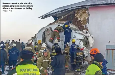  ??  ?? Rescuers work at the site of a passenger plane crash outside Almaty, Kazakhstan on Friday.