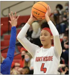  ?? (NWA Democrat-Gazette/Andy Shupe) ?? Fort Smith Northside’s Jersey Wolfenbarg­er, who has committed to play at Arkansas and is a McDonald’s All-American, averaged nearly 19 points, 8.8 rebounds and 3.4 assists this season to lead the Lady Bears to the Class 6A state championsh­ip.