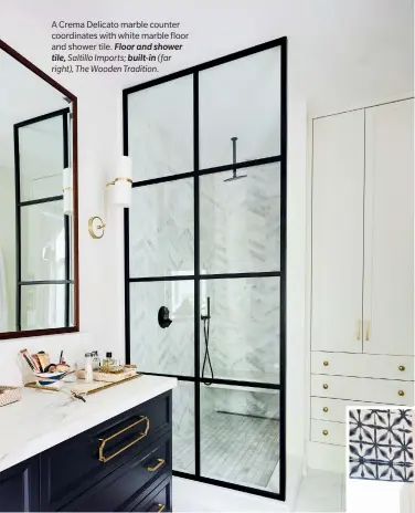  ??  ?? A Crema Delicato marble counter coordinate­s with white marble floor and shower tile. Floor and shower tile, Saltillo Imports; built-in (far right), The Wooden Tradition.