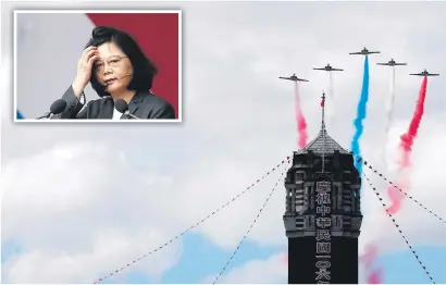  ?? Pictures: Reuters ?? PARTY TIME. The Taiwanese aerobatic fighter jet troupe ‘Thunder Tigers’ perform during the National Day celebratio­ns in Taipei yesterday. Inset: Taiwan president Tsai Ing-wen.