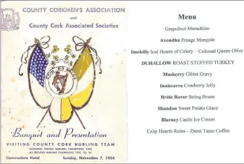  ??  ?? The souvenir menu from the gala banquet in the Commodore Hotel, Manhattan, New York in 1954.