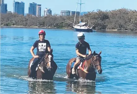  ??  ?? Former Godolphin horse All Gifts (left) exercises with a stablemate at The Spit.