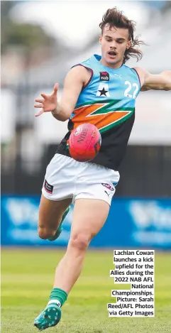  ?? ?? Lachlan Cowan launches a kick upfield for the Allies during the 2022 NAB AFL National Championsh­ips. Picture: Sarah Reed/AFL Photos via Getty Images