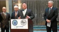  ?? PAUL POST — PPOST@DIGITALFIR­STMEDIA.COM ?? Albany County Executive Daniel P. McCoy, center, discusses plans for a new waste-to-energy facility during a Wednesday press conference at the Times Union Center Atrium in Albany. He’s joined, left to right, by Todd Baldyga of the New York State Energy...