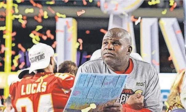  ?? MATTHEW EMMONS/ USA TODAY SPORTS ?? Eric Bieniemy, celebratin­g after the Chiefs won Super Bowl LIV, interviewe­d for seven NFL head coaching jobs the past two cycles.
