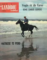  ??  ?? 9 Januarie 1968 Perde vir die Vloot? Mnr. M.A. Hamer van die Vloot-gimnasium gee sy perd, Guy Fawkes, ’n bietjie teuels langs die strand by Saldanha. Luitenant-kommandeur Barnie Pienaar van Graaff-Reinet sê plaasseuns voel gouer tuis as hulle voet in die stiebeuel kan steek.