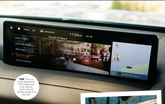  ??  ?? TOP This is a noise generator. The traditiona­l one, fed by fuel is found lurking under the bonnet.