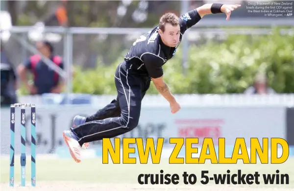  ?? — AFP ?? Doug Bracewell of New Zealand bowls during the first ODI against the West Indies at Cobham Oval in Whangarei.