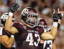  ?? Courtesy of Texas A&M Athletics ?? Cagan Baldree has made a smooth transition from walk-on offensive lineman to A&M’s starting fullback.