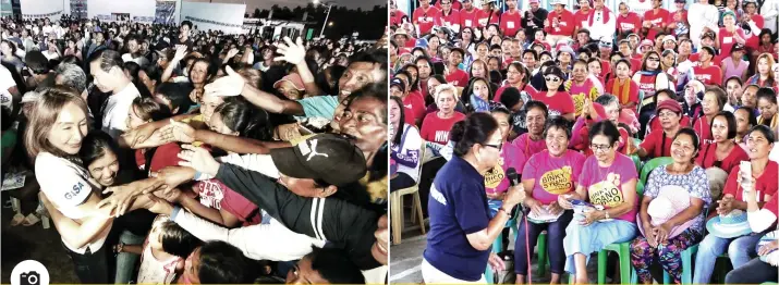  ?? PHOTOS BY ALEX BADAYOS ?? GUNNING FOR GOVERNOR: Supporters hug and extend their hands to 3rd District Rep. Gwen Garcia (in left photo) during One Cebu-Partido Demokratik­o Pilipino– Lakas ng Bayan’s rally in San Francisco town in Camotes Island on Saturday, April 27. In right photo, Cebu Vice Gov. Agnes Magpale addresses residents of Pilar town, also in Camotes, during the Bakud Party-Nationalis­t People’s Coalition’s caravan on Monday, April 29. Garcia and Magpale are running for Cebu governor in the May polls.