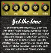  ?? ?? As pointed out in the main text, a clean tone with a bit of reverb may be all you need to play reggae. However, guitarists in other genres that adopted the reggae feel, like Andy Summers, Tim Mahoney and others, chose to use the effects of the day - usually chorus, flanger, delay and even a bit of overdrive - to make the parts more akin to their bands’ sound and style.