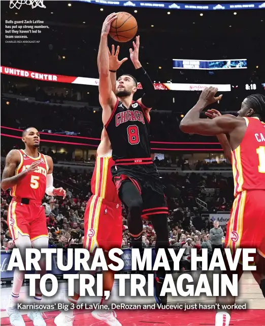  ?? CHARLES REX ARBOGAST/AP ?? Bulls guard Zach LaVine has pu tu p strong numbers, but they haven’ tl ed to team success.