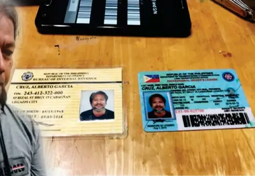  ?? (PHOTO COURTESY OF PNP) ?? TAIWAN. Ozamiz City councilor Ricardo “Ardot” Parojinog is captured in Taiwan nearly 10 months since he went into hiding. At right are the fake IDs that he allegedly used to leave the country.