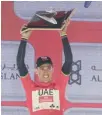  ?? — AFP ?? Portugal’s Rui Costa celebrates after winning Tour of Abu Dhabi.