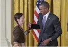  ?? Photograph: Mandel Ngan/AFP/Getty ?? Monk receiving the 2014 National Medal of Arts from President Obama in 2015.