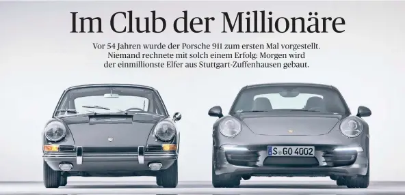  ?? FOTO: PORSCHE ?? Zwei Vertreter einer andauernde­n Erfolgsges­chichte: Ein Porsche 911 2.0 Coupé aus dem Jahr 1964 (l.) und ein Porsche 911 Carrera 4S Coupé der siebten Generation aus dem Jahr 2014.