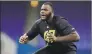  ?? Michael Conroy / Associated Press ?? Georgia offensive lineman Andrew Thomas runs a drill at February’s NFL scouting combine in Indianapol­is.