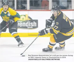  ?? JASON MALLOY/SALTWIRE NETWORK ?? Ray Bourque demonstrat­es he’s still got the moves during an NHL Legends Game in Charlottet­own in 2018.