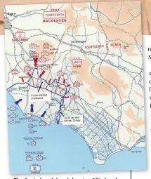  ??  ?? The Anzio beach head showing Allied and Axis positions between January and May 1944 and 1 Infantry Brigade’s exposed salient