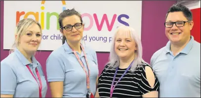  ??  ?? National first… Rainbows Trainee Nursing Associates Lucy Webb, Hannah Fish and Andy Chandler, with Practice Developmen­t Nurse Leigh-Ann Pike (second right).