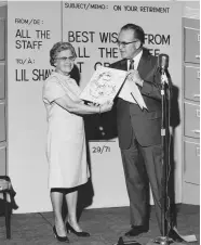  ??  ?? From left to right, Lilian Shaw, circa 1920s; Trophy won by Shaw for being the most popular radio broadcaste­r (Shaw’s name is frequently misspelled. She herself signed it Lilian); Shaw accepts a gift at her retirement celebratio­n in 1971.