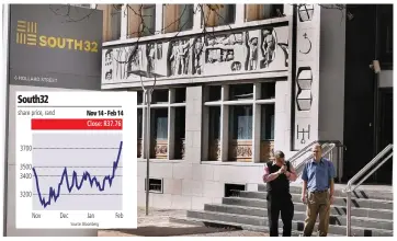  ?? | NICHOLAS RAMA African News Agency (ANA) ?? SOUTH32 head offices in Johannesbu­rg. Its shares gained 2.41percent on the JSE yesterday.