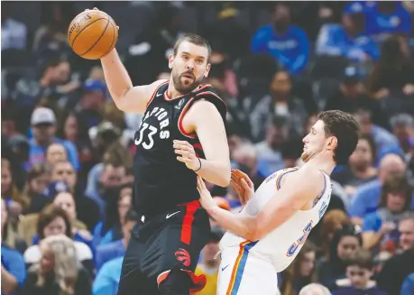  ??  ?? The Raptors’ Marc Gasol returned from injury after 12 games on Wednesday to help the team beat Oklahoma City.
ALONZO ADAMS/USA TODAY SPORTS