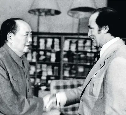  ?? THE CANADIAN PRESS FILES ?? Mao Zedong, founder of the People’s Republic of China, shakes hands with Pierre Trudeau on Oct. 13, 1973. To help Taiwan’s threatened democracy, Canada needs to stop its headlong rush into strengthen­ing ties with China, Terry Glavin says.