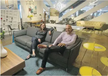  ?? JASON PAYNE ?? Sara Samieian and brother Moe Samieian Jr. sit at Moe’s Home Collection store in Vancouver. The family company derives 70 per cent of its business from being a major North American wholesaler.