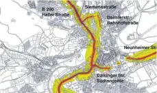  ?? PLAN: BRENNER BERNARD ?? Die Stadt hat erhoben, wo es in Ellwangen besonders laut ist. An der Haller Straße reichen die Werte - gemessen über 24 Stunden - von 70 (Staubsauge­r, rot) bis 45 Dezibel (Wohnvierte­l ohne Straßenver­kehr, hellgrün).