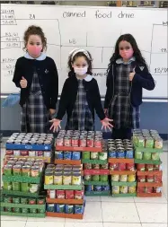  ?? SUBMITTED PHOTO ?? The Durante sisters (Madison Durante, grade 3; Bailey Durante, grade 2; Mya Durante, grade 3) show off their donations in front of the Visitation bracket board.