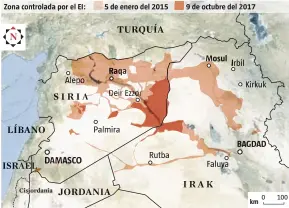  ??  ?? FUENTES: BBC y Google Earth
2
km
0
100
LA VANGUARDIA
El retroceso del ‘califato’